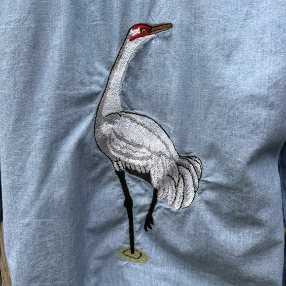 Vintage 70s Sears Women’s Cotton Long Sleeve Button-Up Embroidered Cranes S - Picture 7 of 9